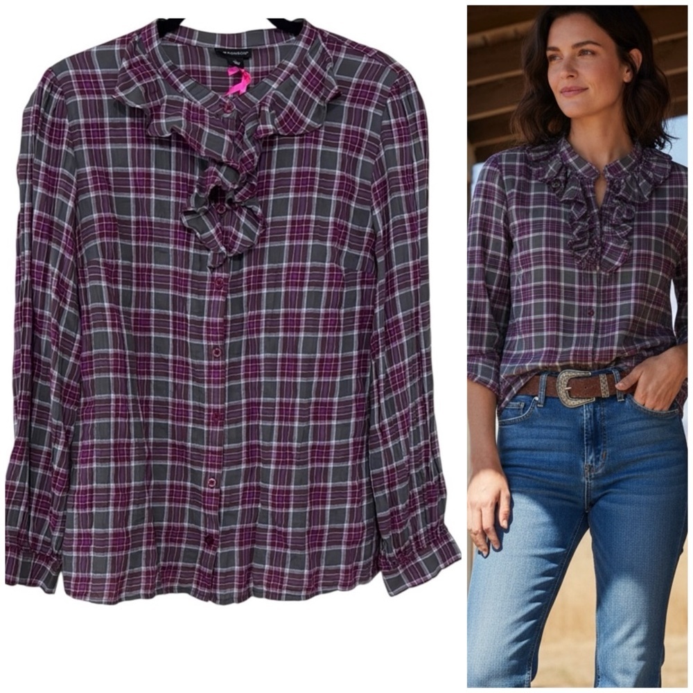 Ronson Lightweight Plaid Ruffle Blouse - Gray and Pink Women's Size Large NWT